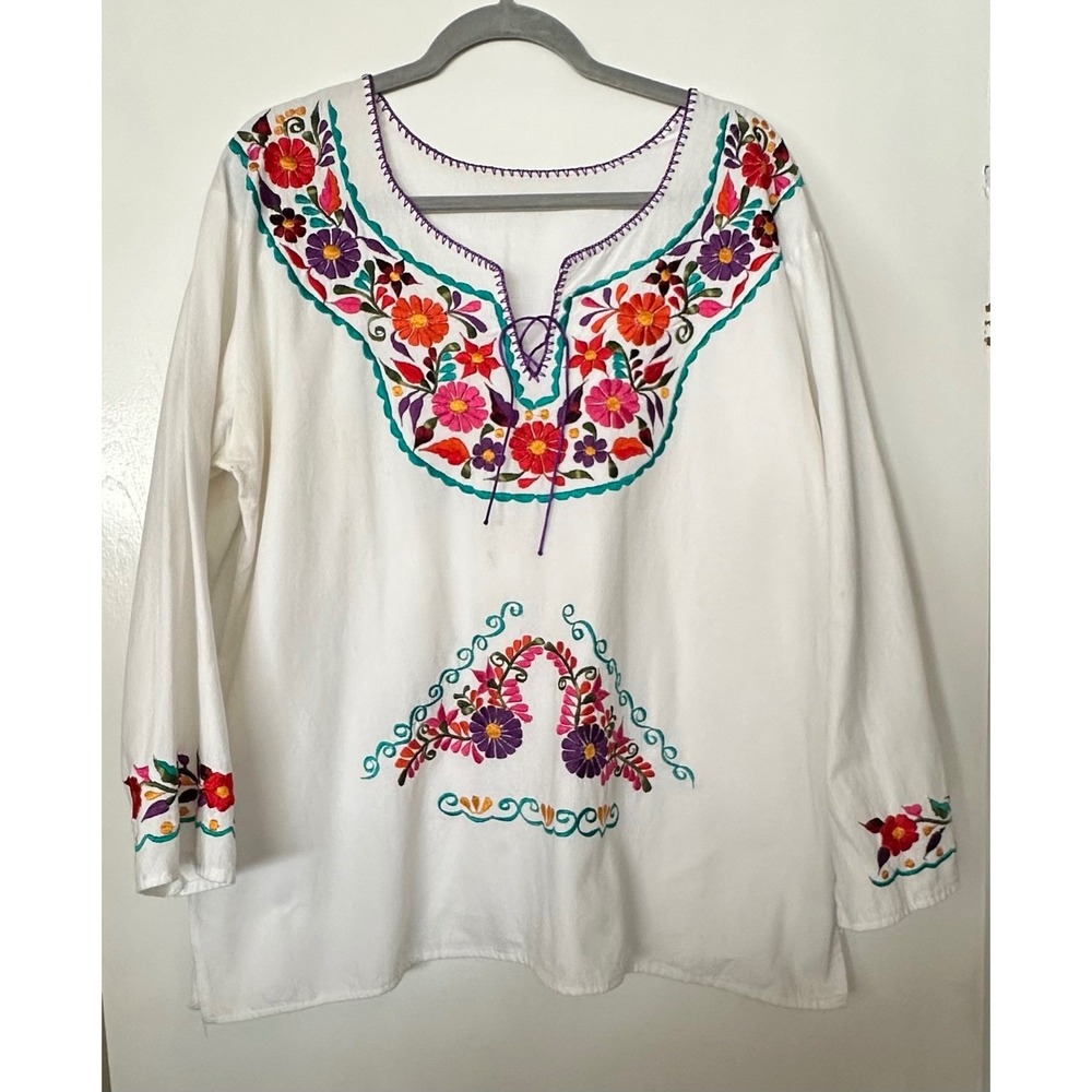 Unbranded Mexican Peasant Blouse White Floral Embroidered‎ Boho Top L READ